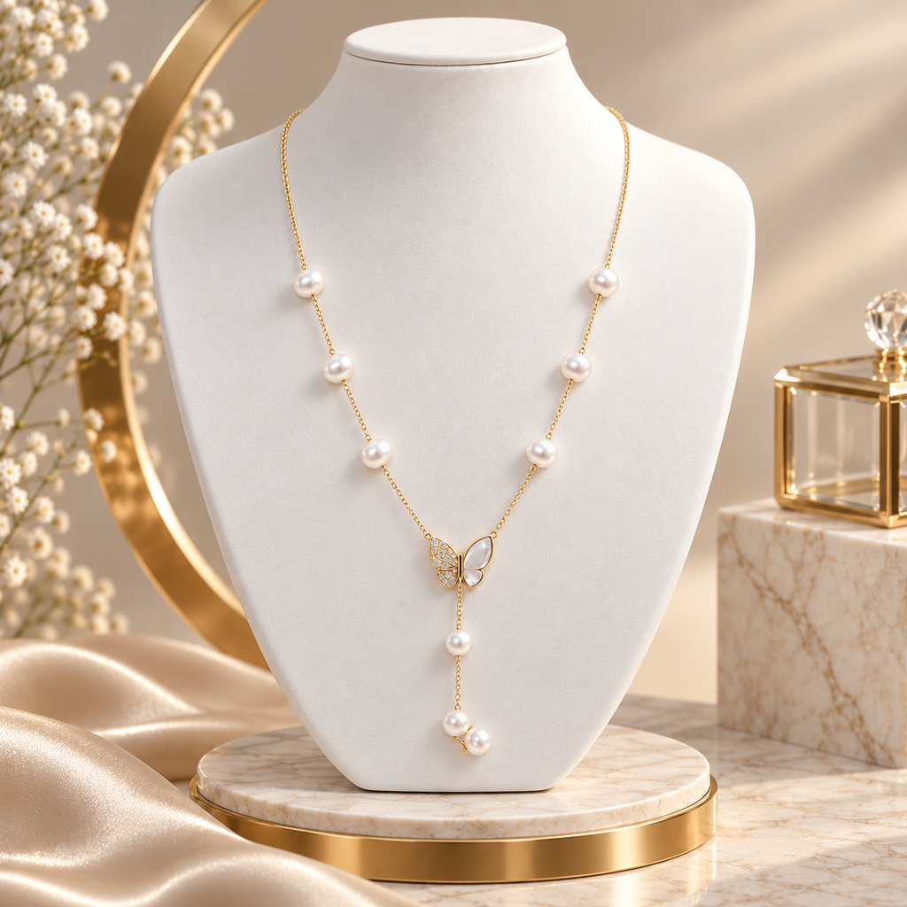 Pearl Butterfly Alloy Fancy Mala for Women | Designer Pearl Fashion Necklace | Krishna Pearls and Jewellers