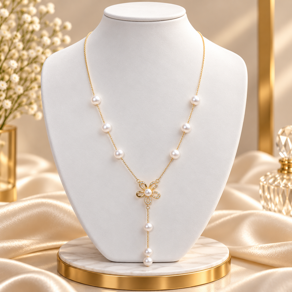 Pearl Floral Alloy Fancy Mala for Women | Designer Pearl Pendant Necklace | Krishna Pearls and Jewellers