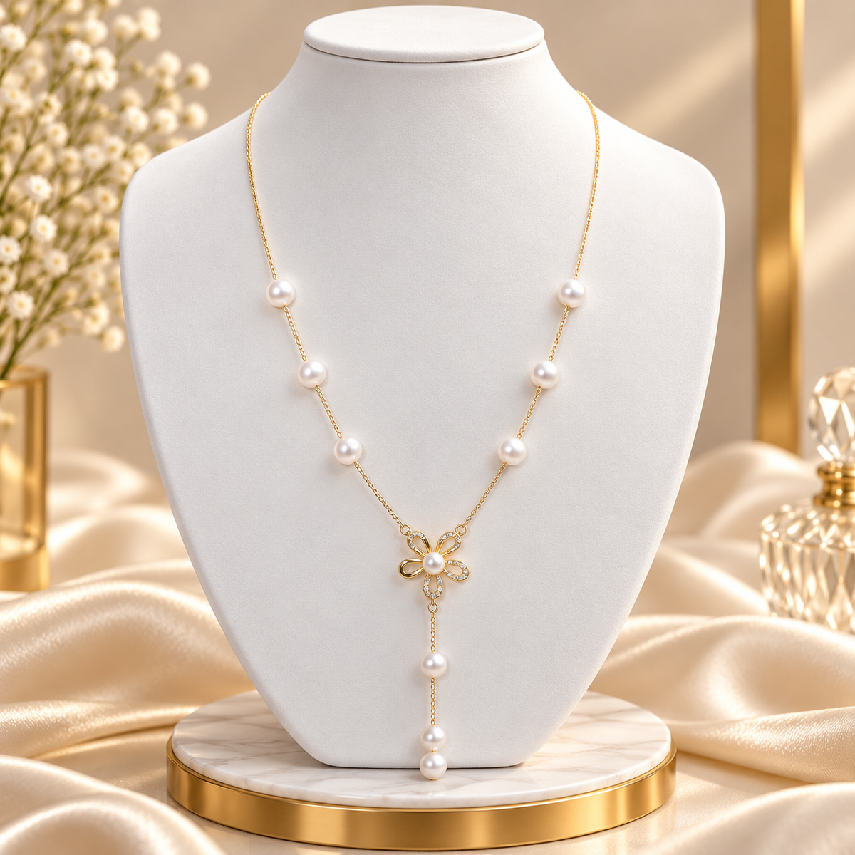 Pearl Floral Alloy Fancy Mala for Women | Designer Pearl Pendant Necklace | Krishna Pearls and Jewellers