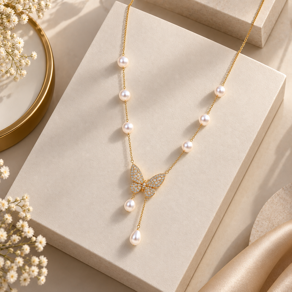 Pearl Butterfly Alloy Fancy Mala for Women | Long Pearl Pendant Necklace | Krishna Pearls and Jewellers