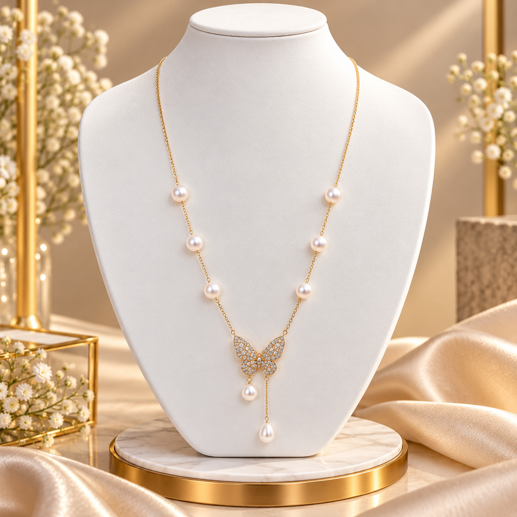 Pearl Butterfly Alloy Fancy Mala for Women | Long Pearl Pendant Necklace | Krishna Pearls and Jewellers