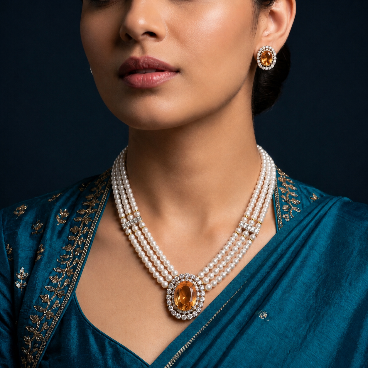 ROYAL AMBER 3-STRAND PEARL NECKLACE SET