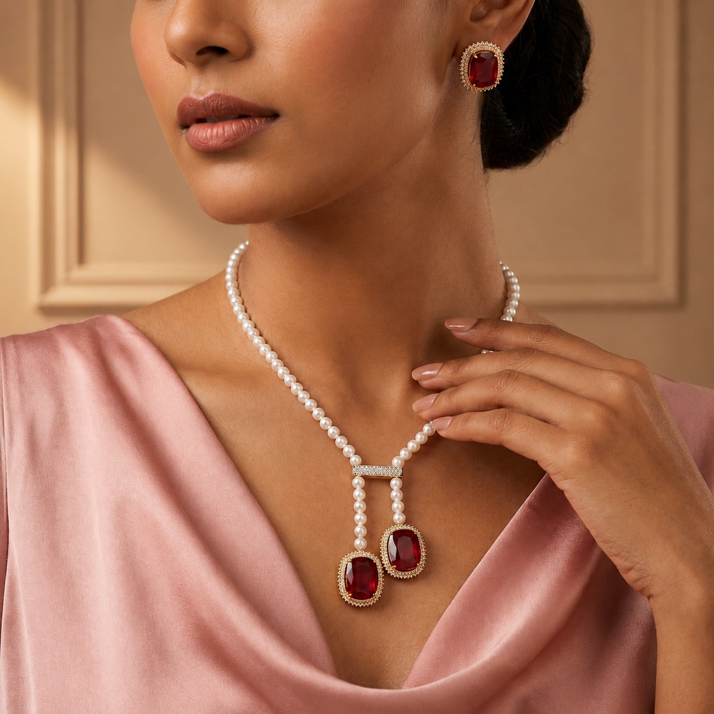 Freshwater Pearl Lariat Necklace & Red Stone Earrings Set