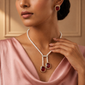 Freshwater Pearl Lariat Necklace & Red Stone Earrings Set