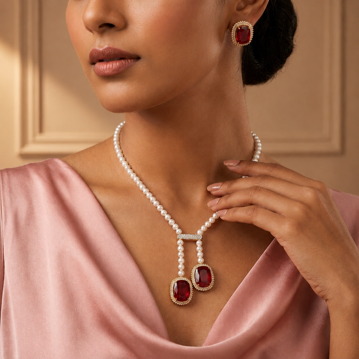 Freshwater Pearl Lariat Necklace & Red Stone Earrings Set