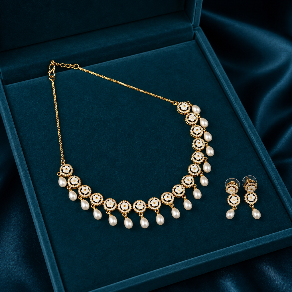 Delicate Crystal Bloom & Pearl Drop Jewelry
