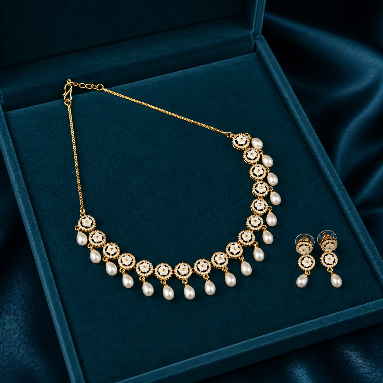Delicate Crystal Bloom & Pearl Drop Jewelry
