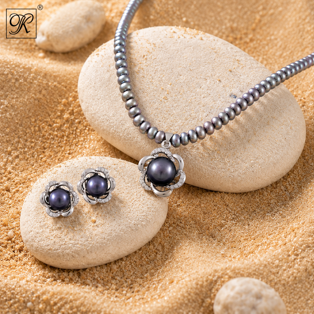Midnight Bloom Pearl Jewelry Set Freshwater | Krishna Pearls and Jewellers