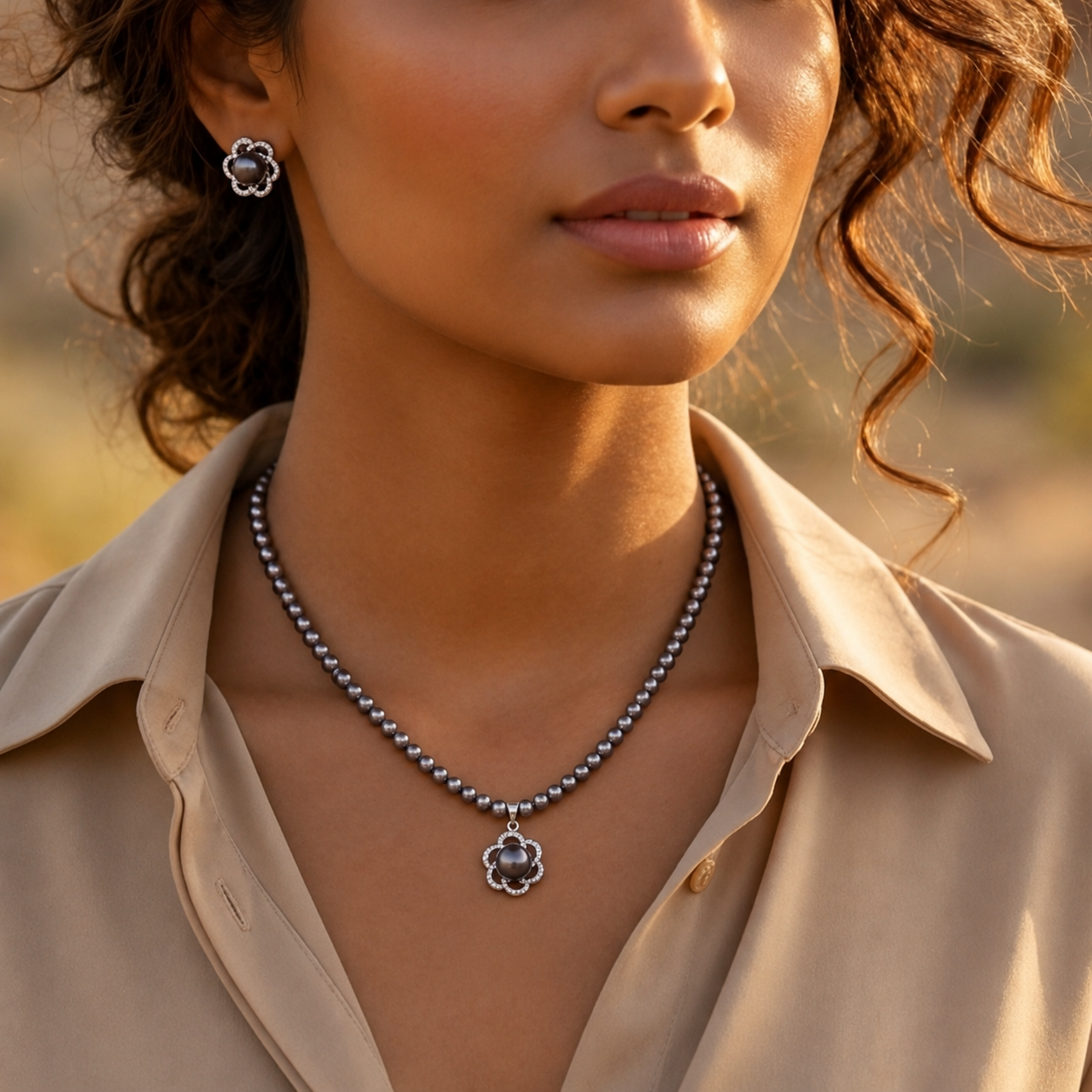 Midnight Bloom Pearl Jewelry Set Freshwater