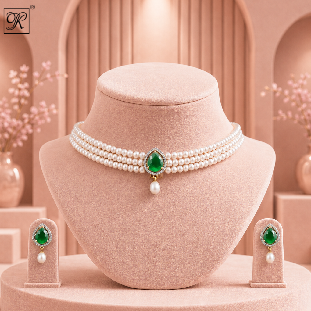 Regal Pearl and Green Stone Choker Set