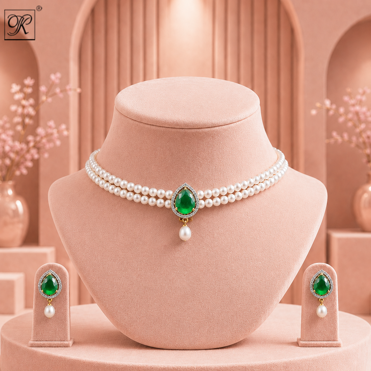 Regal Pearl and Green Stone Choker Set