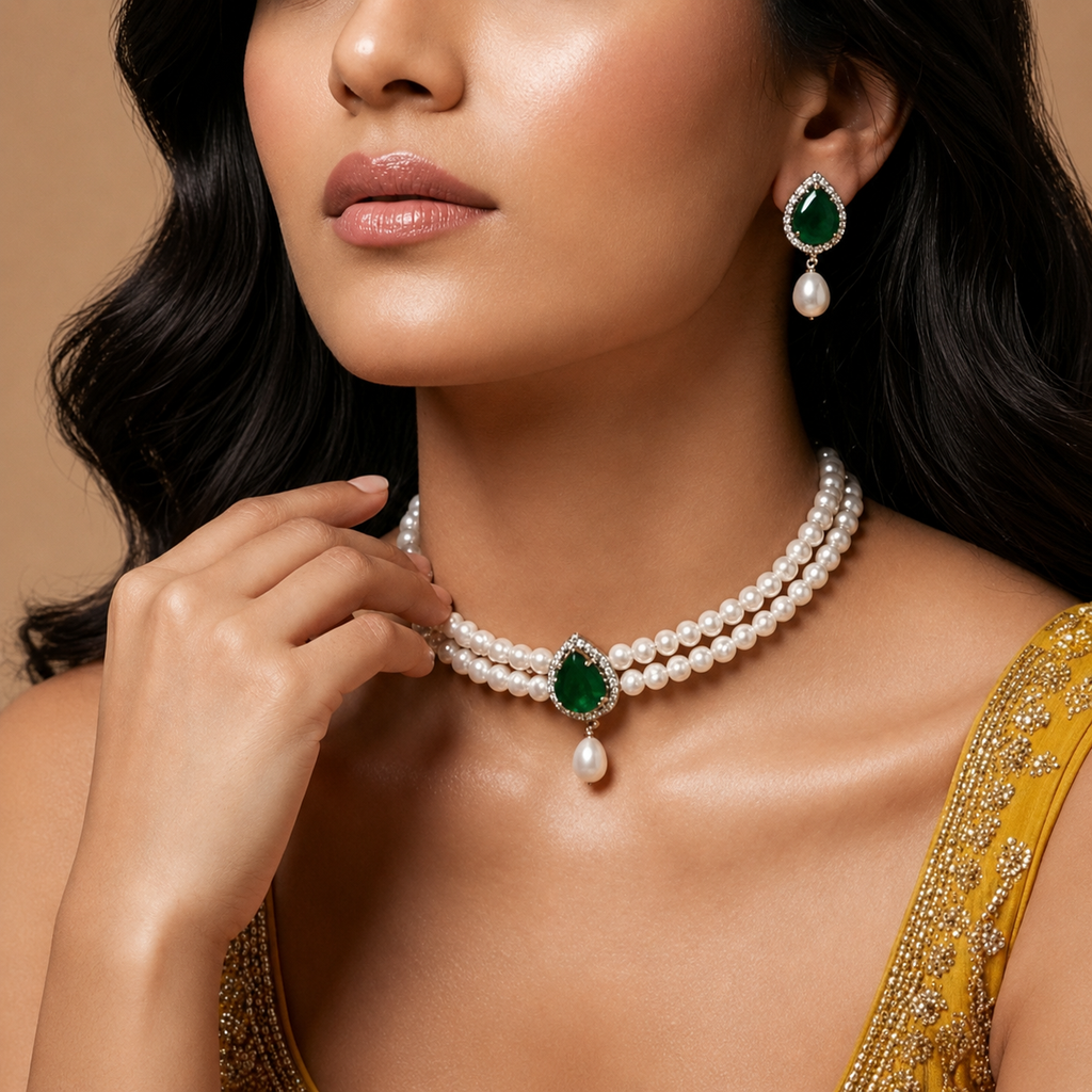 Regal Pearl and Green Stone Choker Set