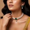 Regal Pearl and Green Stone Choker Set