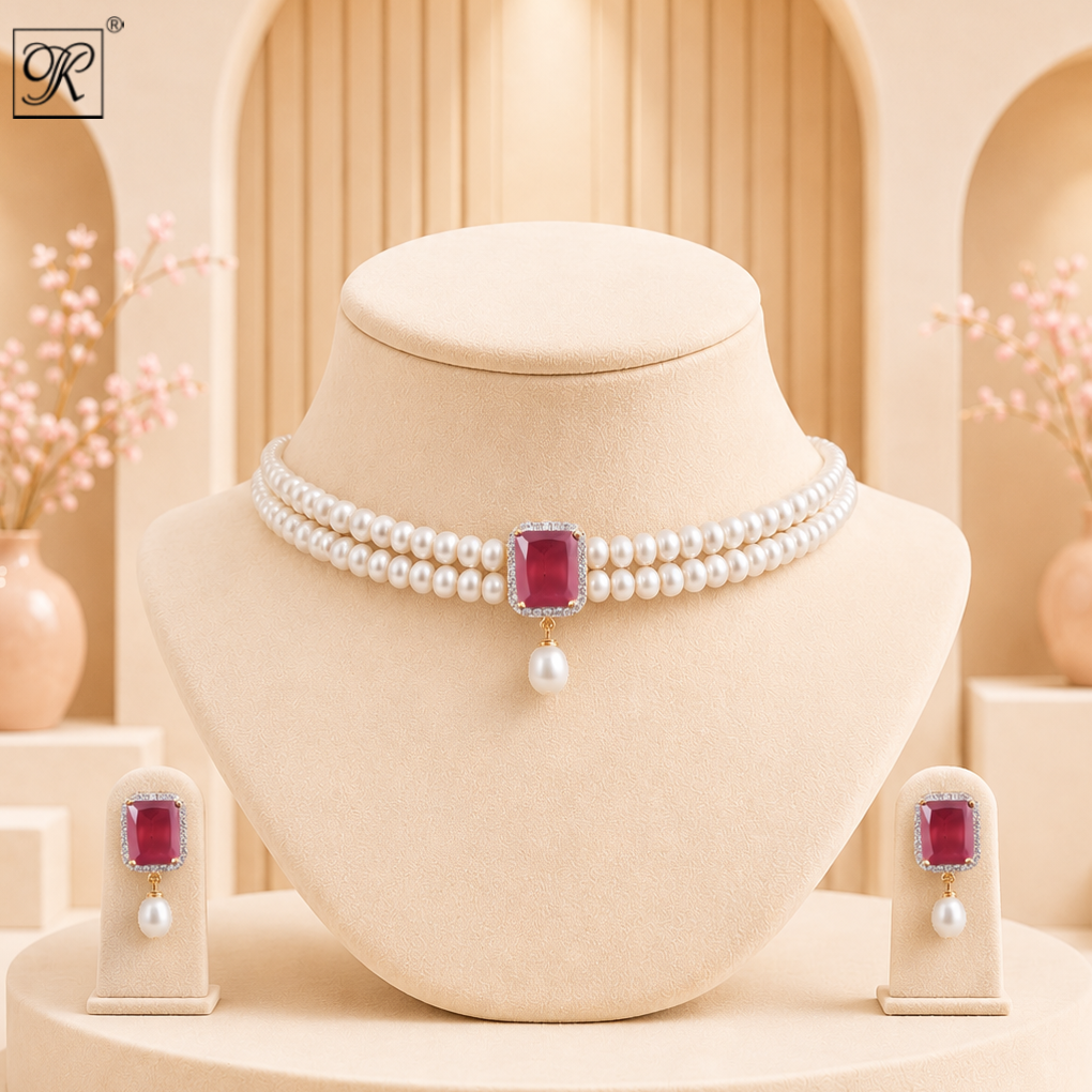 Red Stone Teardrop Pearl Choker Set