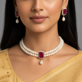 Red Stone Teardrop Pearl Choker Set
