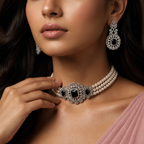 3-Layer Freshwater Pearl Choker Set with Black Crystal Statement Centerpiece & Matching Earrings | Luxury Bridal Pearl Jewellery Set