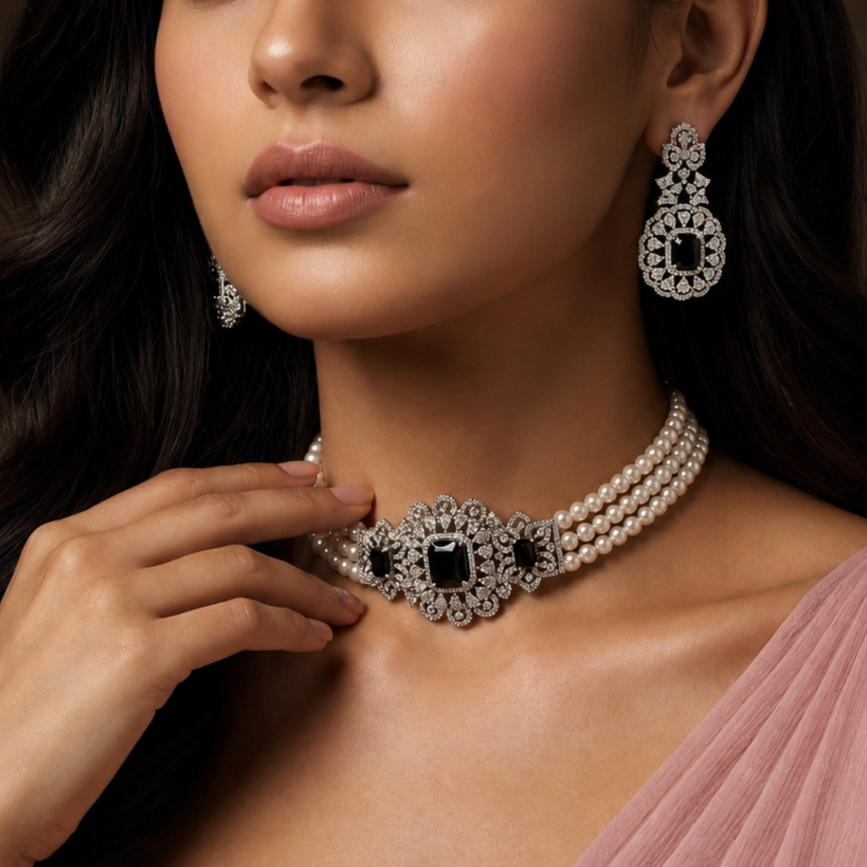 3-Layer Freshwater Pearl Choker Set with Black Crystal Statement Centerpiece & Matching Earrings | Luxury Bridal Pearl Jewellery Set