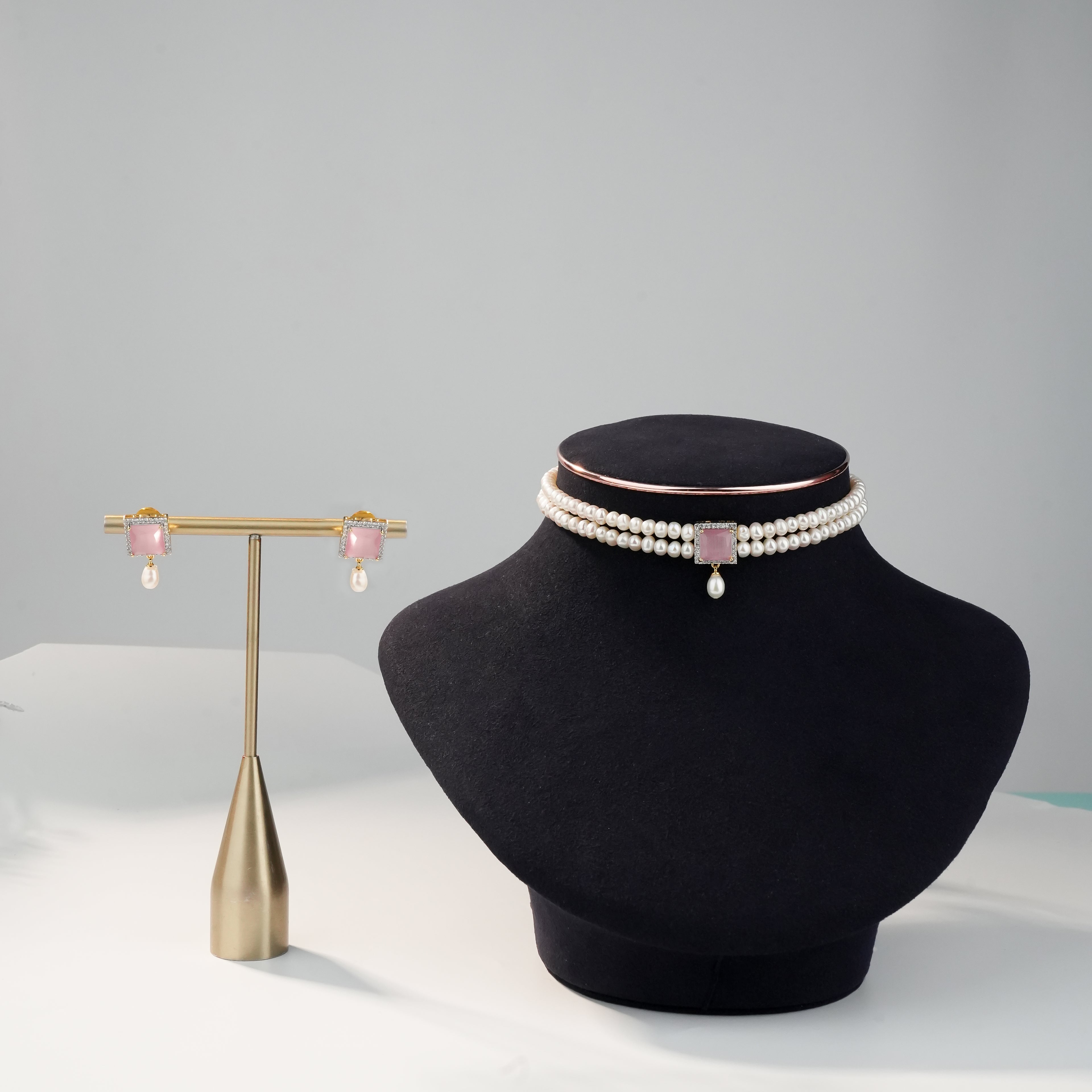 Double Layer Freshwater Pearl Choker Set with Pink Gemstone Accent & Matching Earrings | Bridal Pearl Jewellery Set for Women