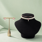 Double Layer Freshwater Pearl Choker Set with Pink Gemstone Accent & Matching Earrings | Bridal Pearl Jewellery Set for Women