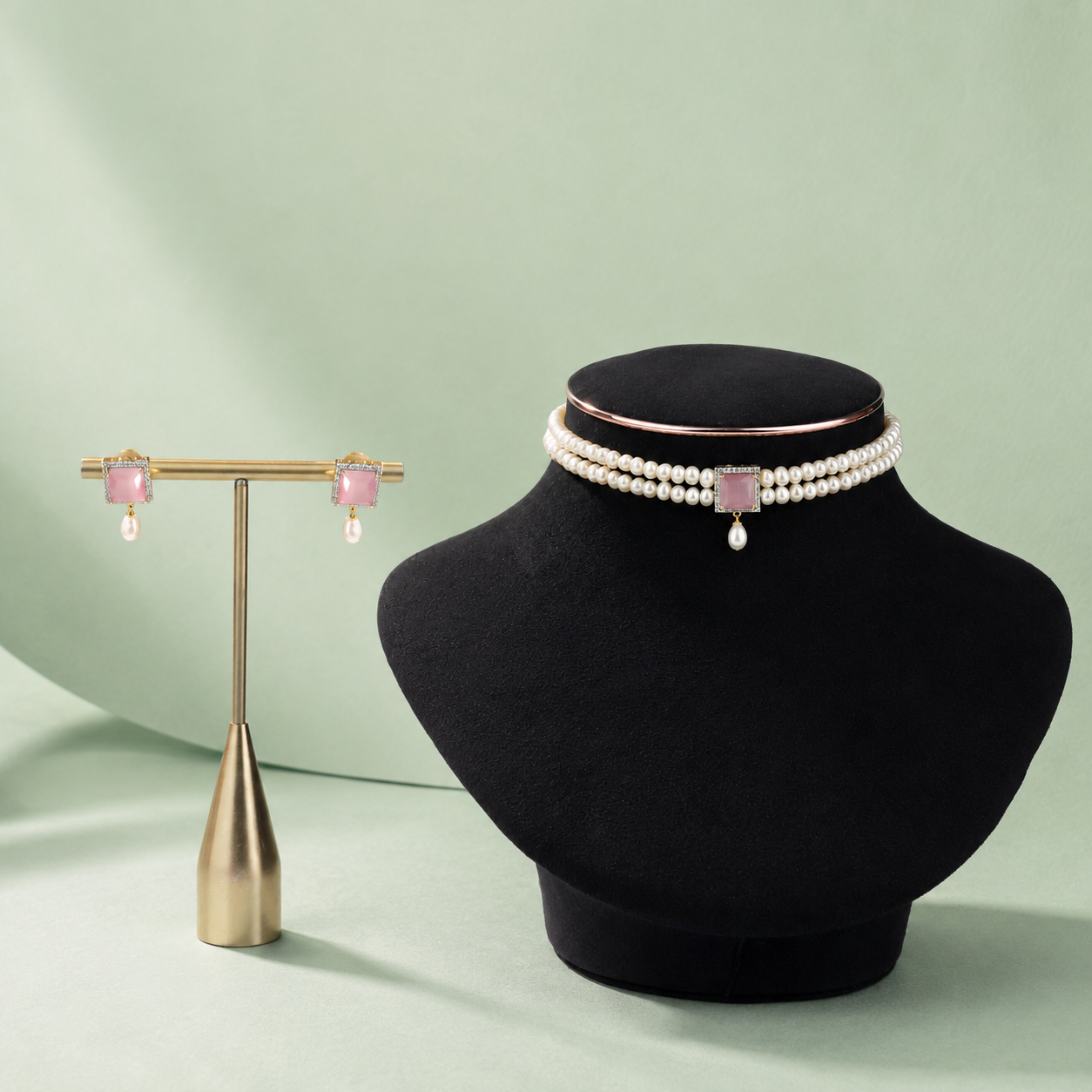 Double Layer Freshwater Pearl Choker Set with Pink Gemstone Accent & Matching Earrings | Bridal Pearl Jewellery Set for Women