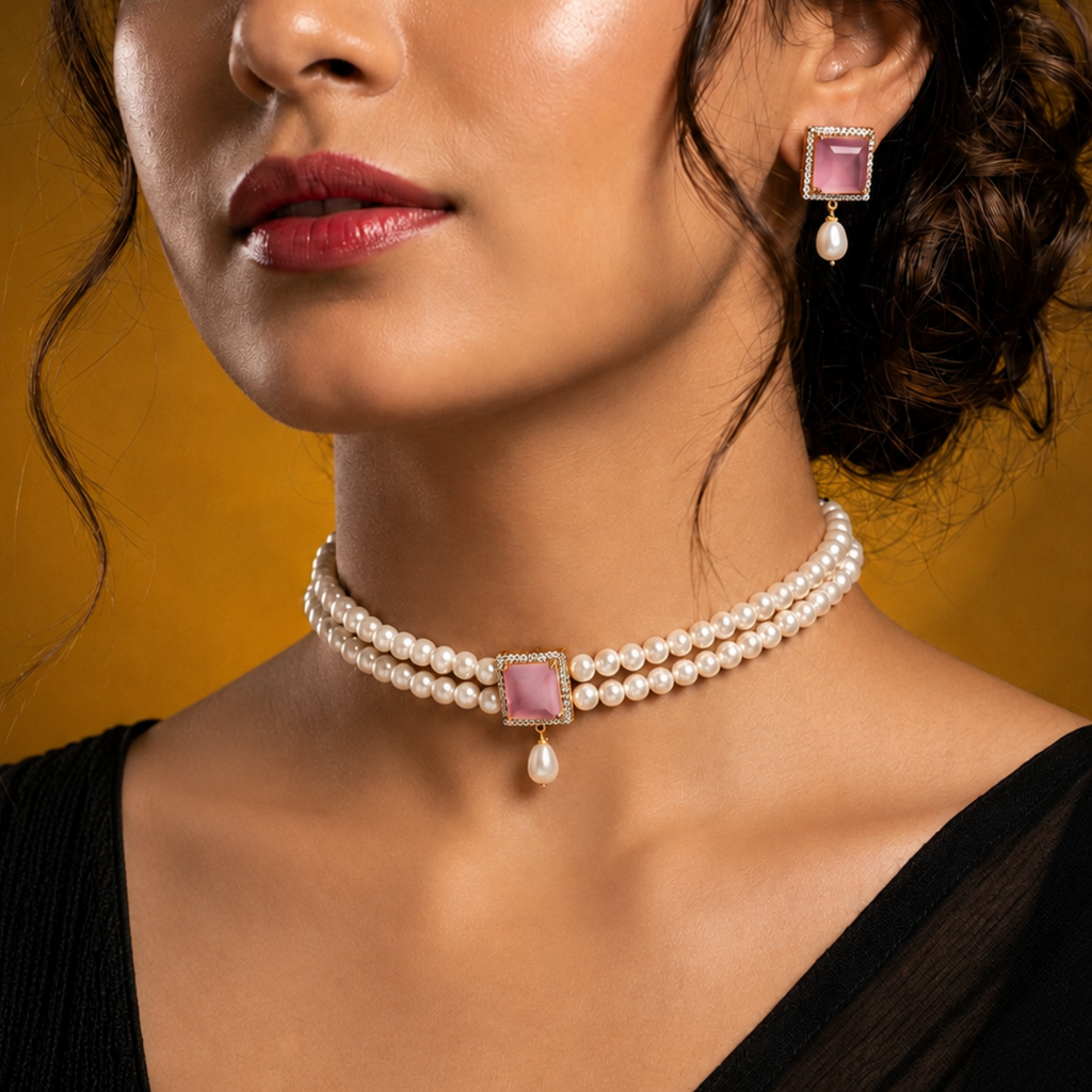 Double Layer Freshwater Pearl Choker Set with Pink Gemstone Accent & Matching Earrings | Bridal Pearl Jewellery Set for Women