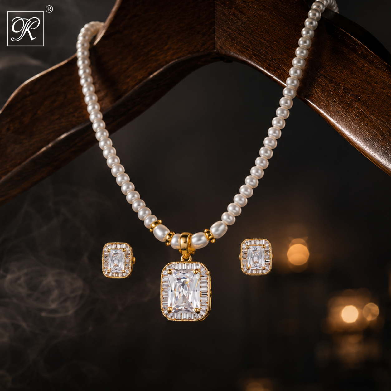 Royal Square Zirconia Pearl Jewelry Set | Krishna Pearls and Jewellers