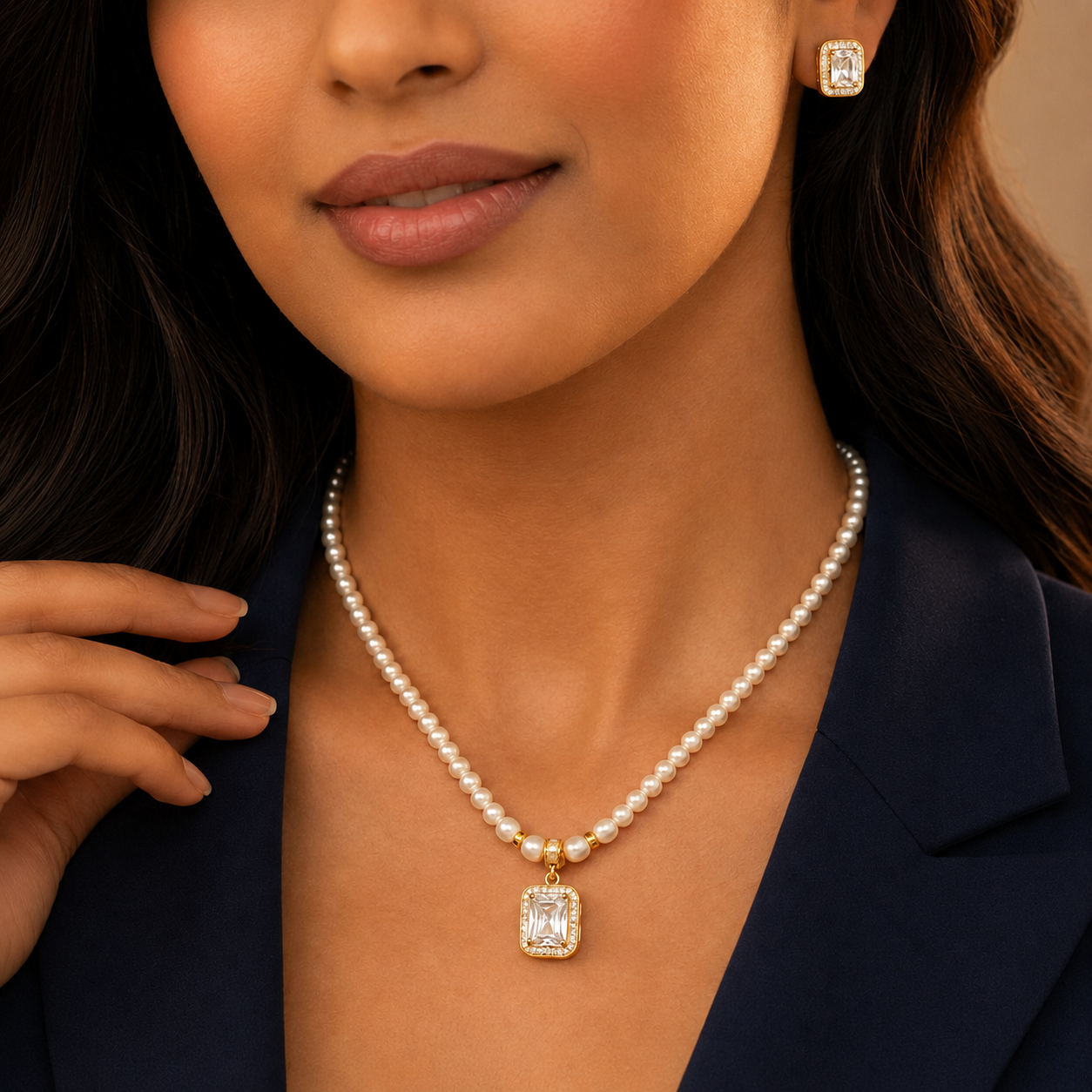 Royal Square Cubic Zirconia Pearl Jewelry Set