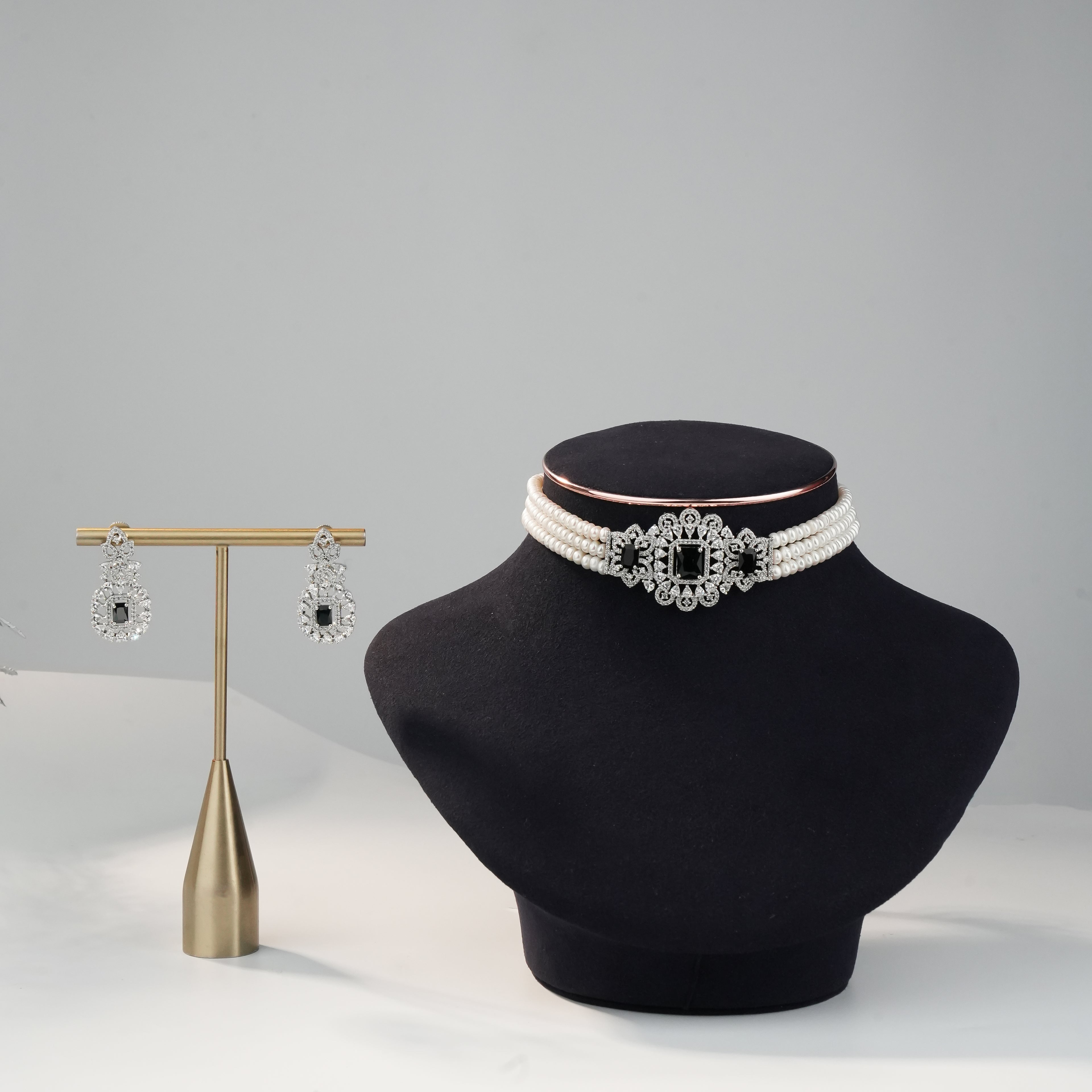 3-Layer Freshwater Pearl Choker Set with Black Crystal Statement Centerpiece & Matching Earrings | Luxury Bridal Pearl Jewellery Set