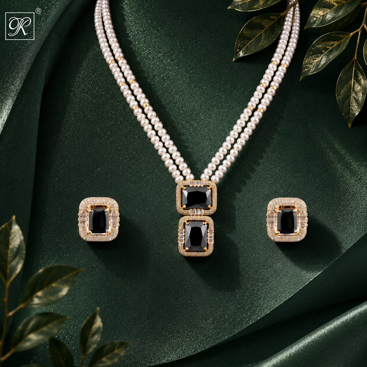 Regal Midnight Pearl and Stone Necklace Set