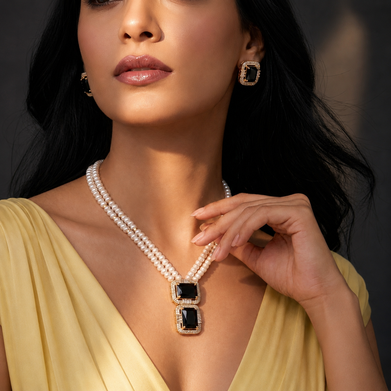 Regal Midnight Pearl and Stone Necklace Set