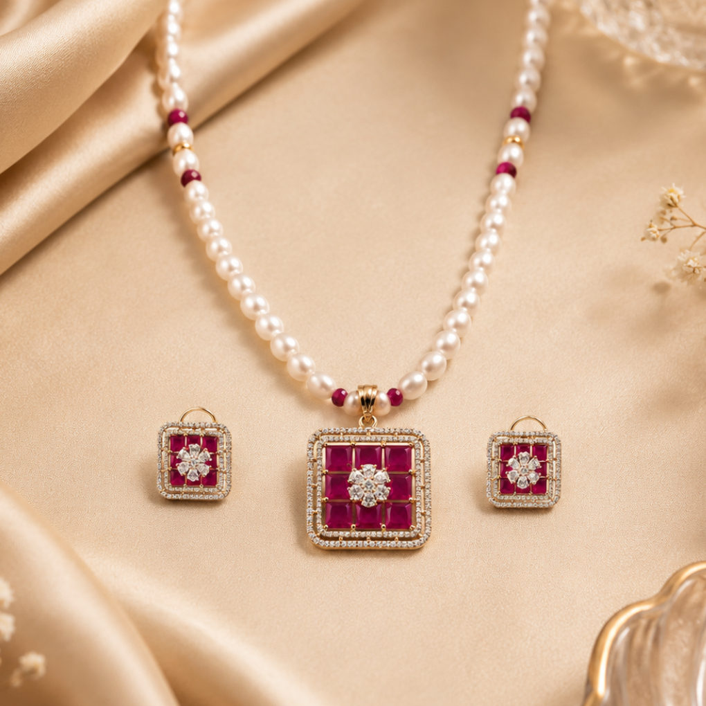 Flat Red With Cubic Zirconia Majesty Pearl — view 1 — pearl jewellery — Krishna Pearls Hyderabad