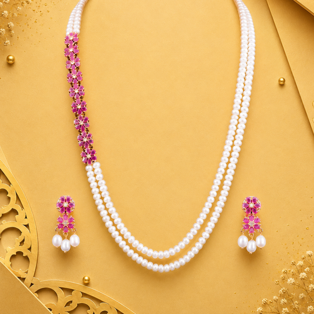 Elegant Red stone Floral Pearl Jewelry Set
