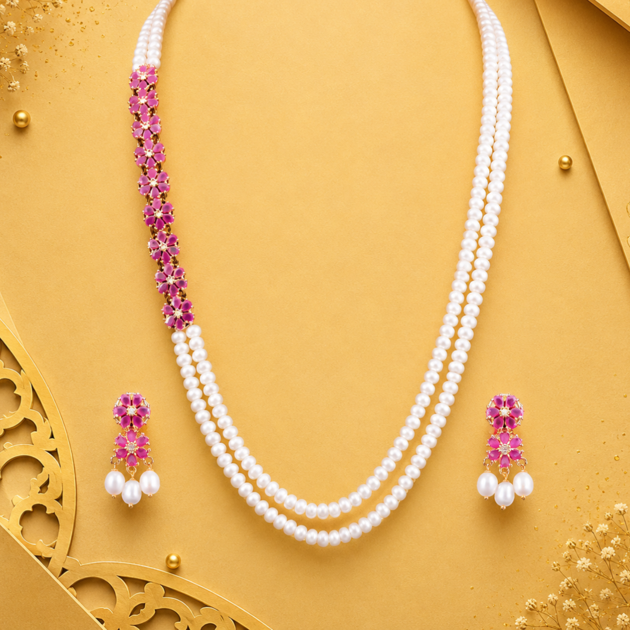 Elegant Red stone Floral Pearl Jewelry Set