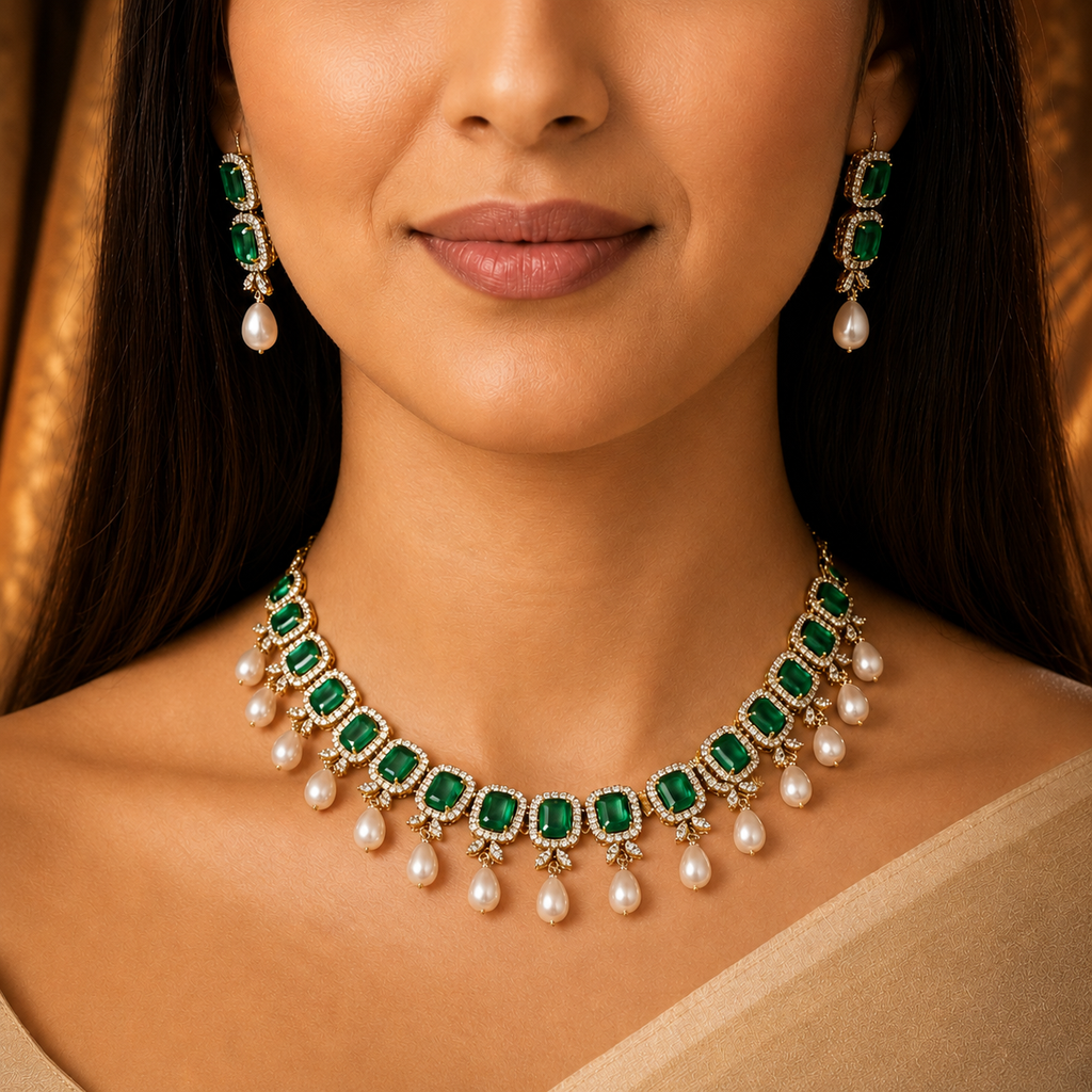 Green Square Cascade Pearl Necklace Set