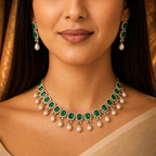 Green Square Cascade Pearl Necklace Set