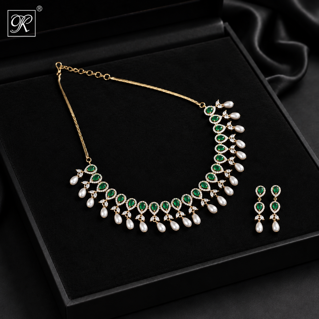 CZ with Green Stone Teardrop Pearl Necklace