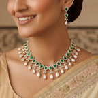 CZ with Green Stone Teardrop Pearl Necklace Set