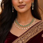 CZ with Green Stone Teardrop Pearl Necklace Set