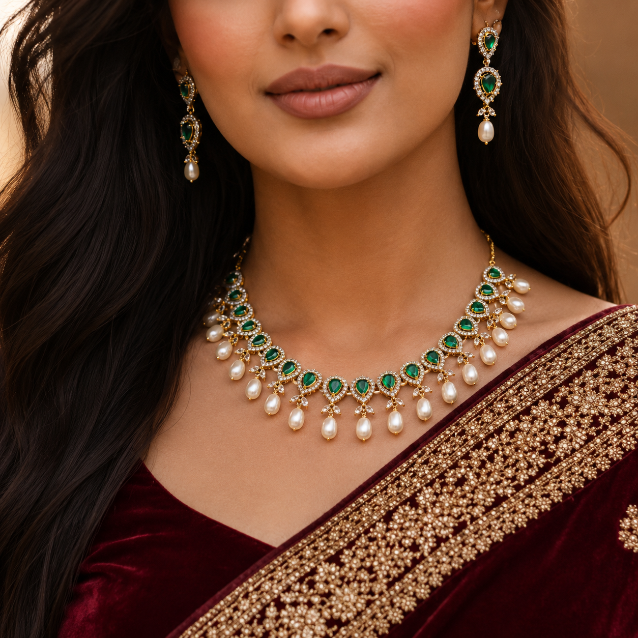 CZ with Green Stone Teardrop Pearl Necklace Set