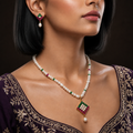 Yellow Gold Polish Freshwater Pearl with Multi Stone & Pearl Necklace Set with Matching Earrings | Elegant Bridal & Party Wear Jewellery | Krishna Pearls & Jewellers