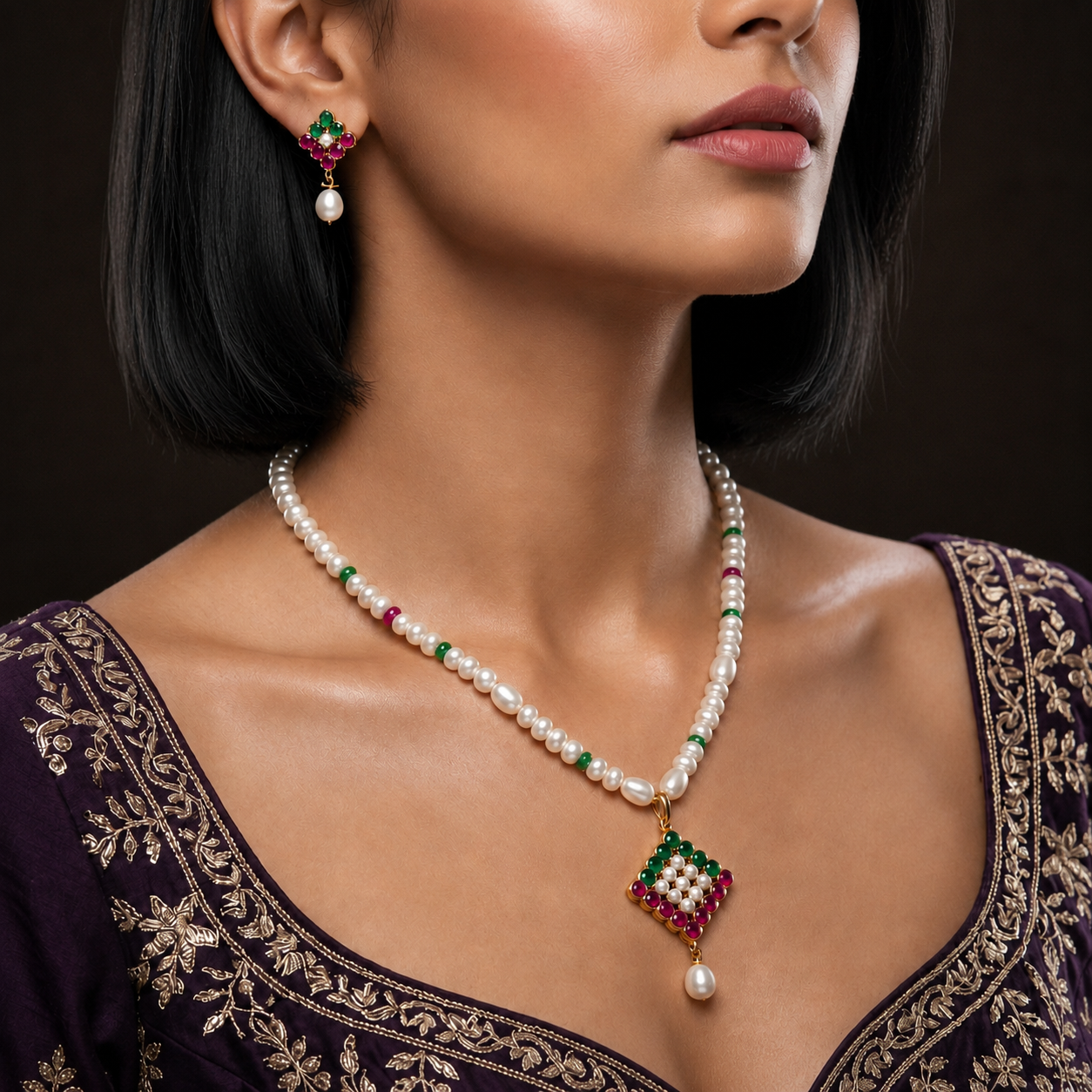 Yellow Gold Polish Freshwater Pearl with Multi Stone & Pearl Necklace Set with Matching Earrings | Elegant Bridal & Party Wear Jewellery | Krishna Pearls & Jewellers