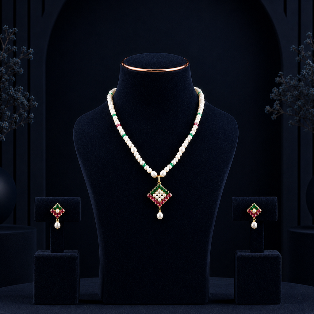 Yellow Gold Polish Freshwater Pearl with Multi Stone & Pearl Necklace Set with Matching Earrings | Elegant Bridal & Party Wear Jewellery | Krishna Pearls & Jewellers