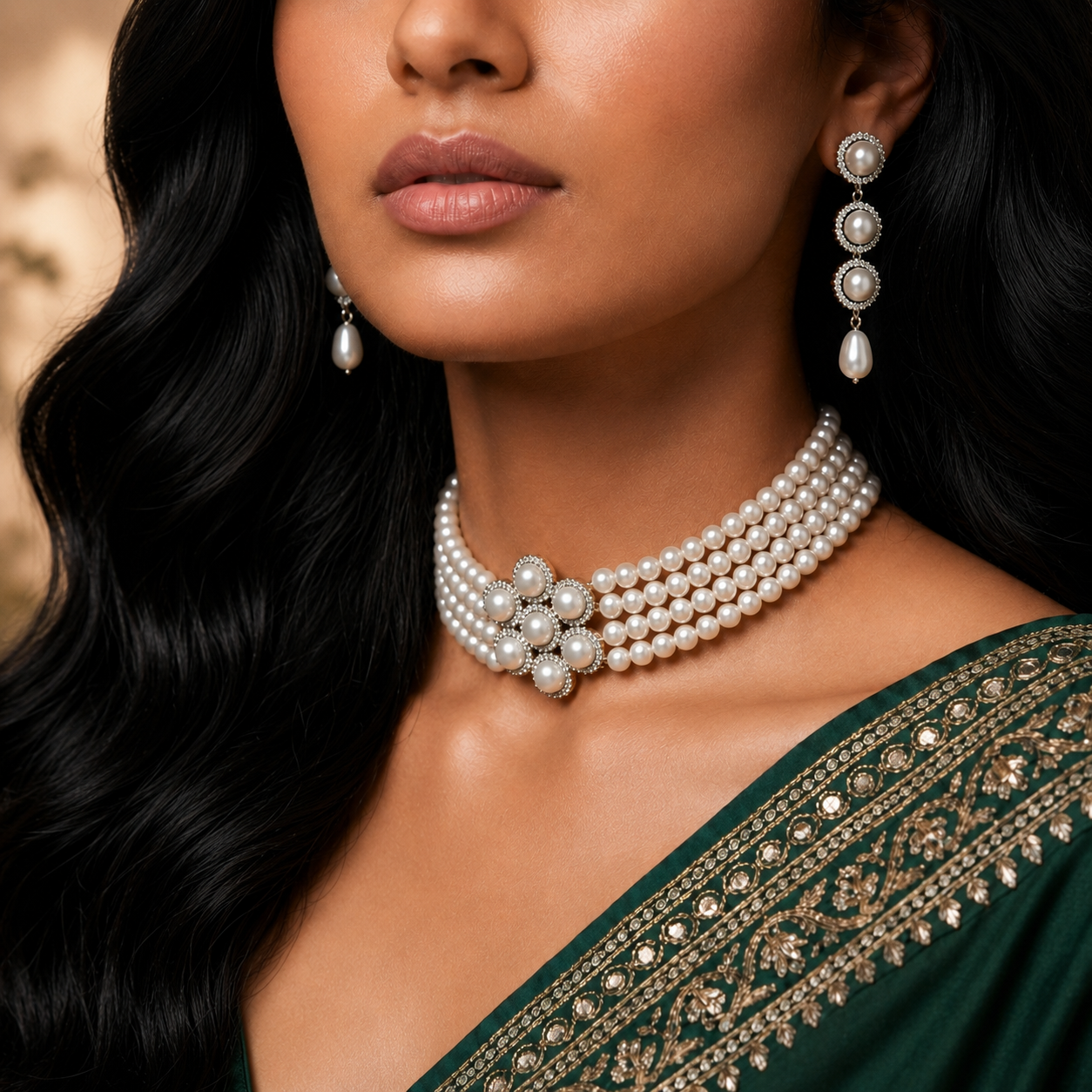 Yellow Gold Polish Freshwater Pearl & CZ Choker Necklace Set with Matching Earrings | Elegant Bridal & Party Wear Jewellery | Krishna Pearls & Jewellers