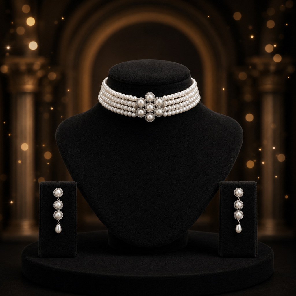 Yellow Gold Polish Freshwater Pearl & CZ Choker Necklace Set with Matching Earrings | Elegant Bridal & Party Wear Jewellery | Krishna Pearls & Jewellers