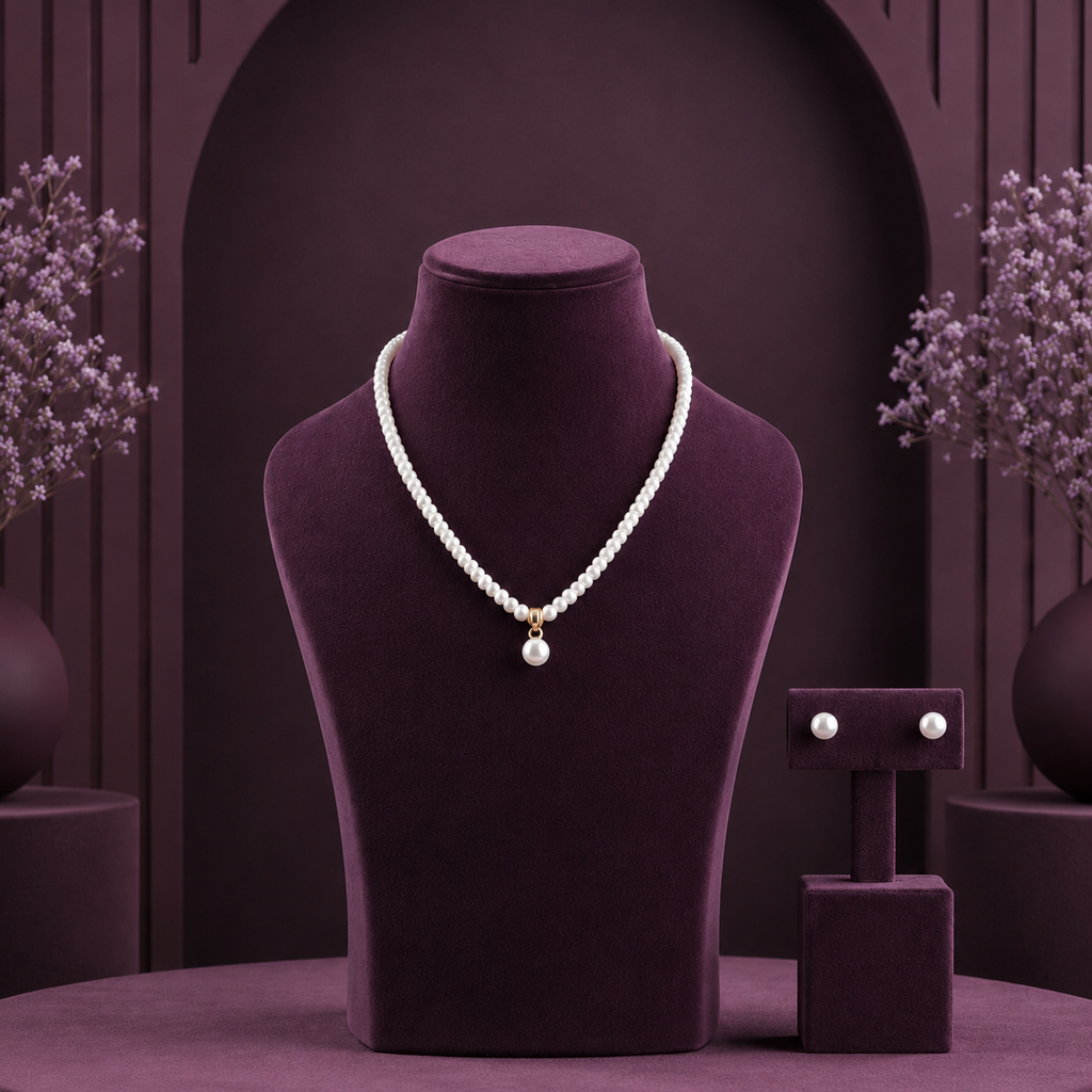 Yellow Gold Polish Seed Pearl Single Line Necklace Set with Matching Earrings (5-6 mm) | Elegant Bridal & Party Wear Jewellery | Krishna Pearls & Jewellers