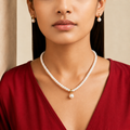 Yellow Gold Polish Seed Pearl Single Line Necklace Set with Matching Earrings (5-6 mm) | Elegant Bridal & Party Wear Jewellery | Krishna Pearls & Jewellers
