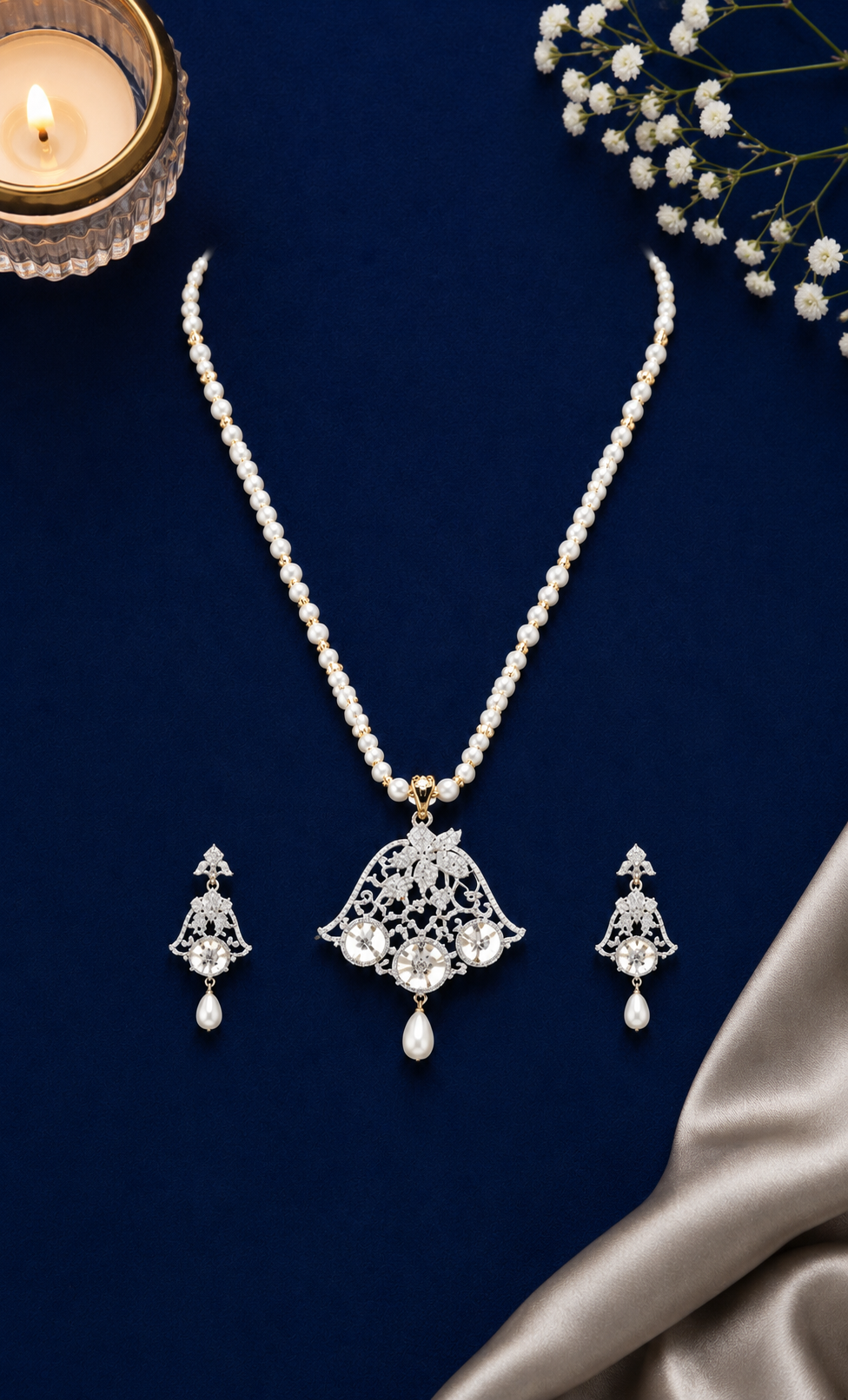 Elegant White Pearl Necklace Set with CZ Floral Pendant & Matching Earrings | Premium Bridal & Party Wear Pearl Jewellery for Women