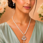 Elegant White Pearl Necklace Set with CZ Floral Pendant & Matching Earrings | Premium Bridal & Party Wear Pearl Jewellery for Women