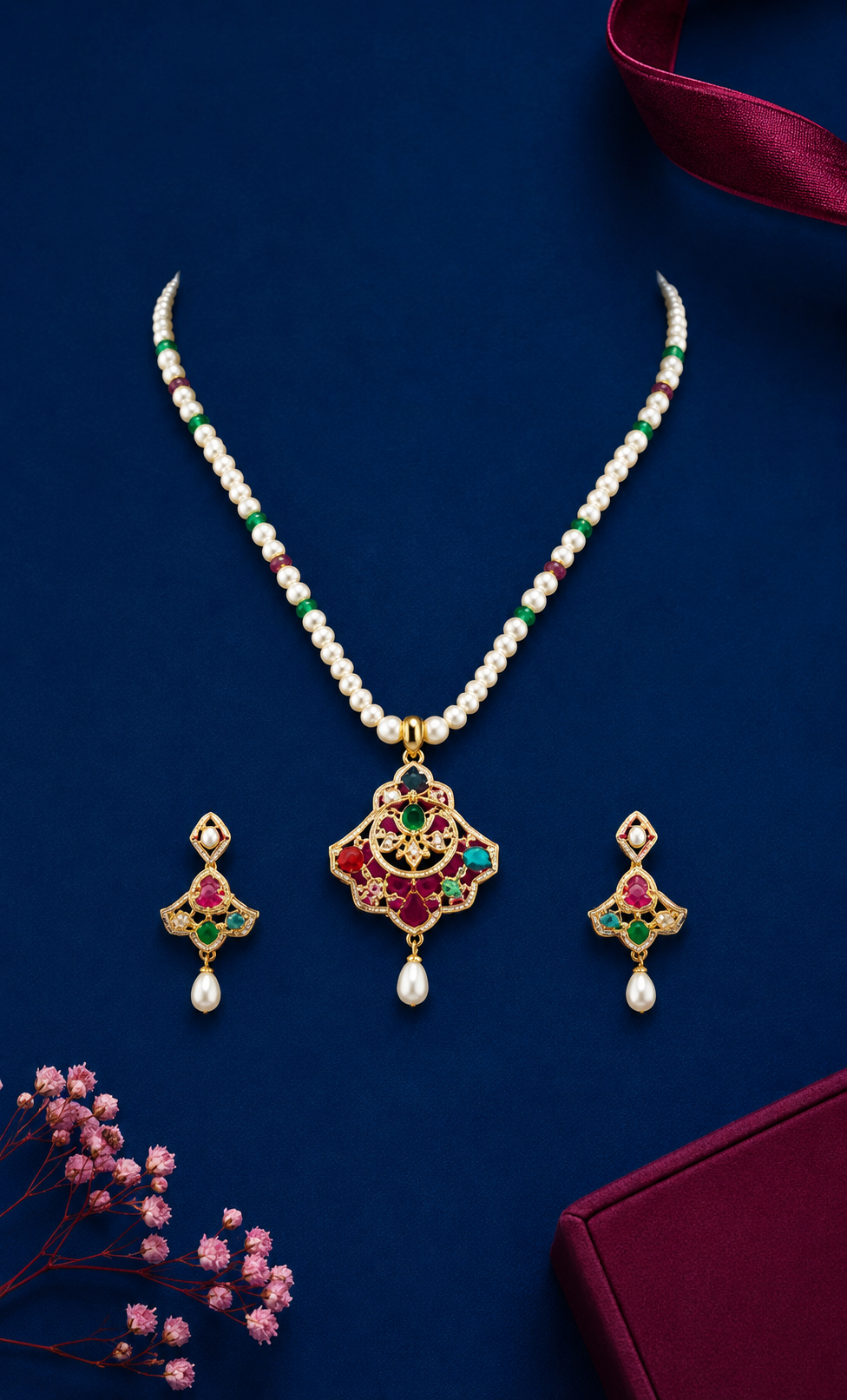 Designer Multicolor Pearl Necklace Set with Multistones Pendant & Matching Earrings | Traditional Bridal Jewellery