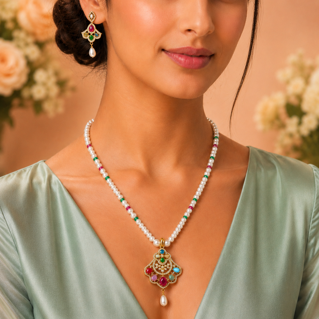 Designer Multicolor Pearl Necklace Set with Multistones Pendant & Matching Earrings | Traditional Bridal Jewellery